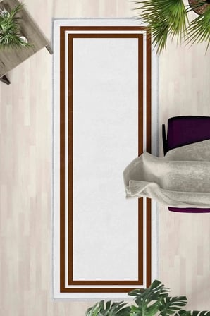 Çerçeve Beyaz Kahve Modern Dijital Baskı Yıkanabilir Kaymaz Yolluk Halı Beyaz Kahve
