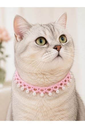 El Örgüsü Kedi Tasması Pembe İnci Boncuklu El Yapımı Ayarlanabilir Kedi Boyun Aksesuarı