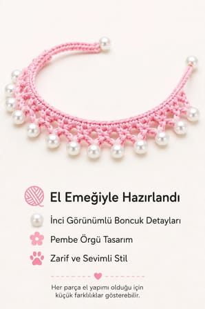 El Örgüsü Kedi Tasması Pembe İnci Boncuklu El Yapımı Ayarlanabilir Kedi Boyun Aksesuarı
