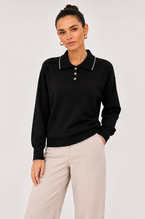 Kadın Polo Yaka Triko Kazak W27-12320 - Siyah