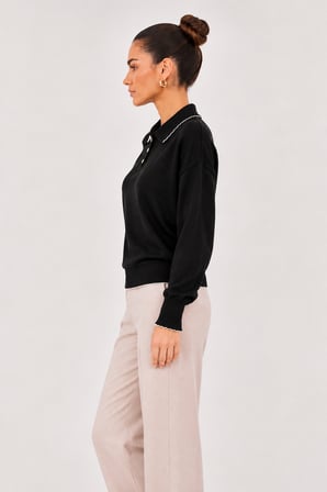 Kadın Polo Yaka Triko Kazak W27-12320 - Siyah