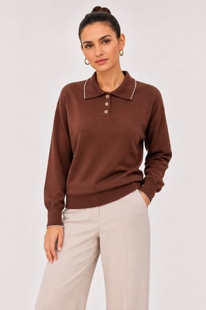 Kadın Polo Yaka Triko Kazak W27-12320 - Kahverengi