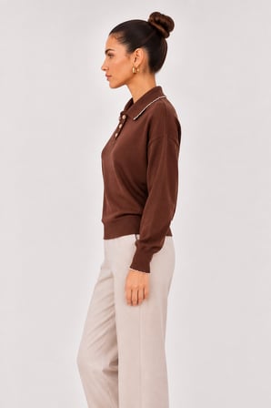 Kadın Polo Yaka Triko Kazak W27-12320 - Kahverengi