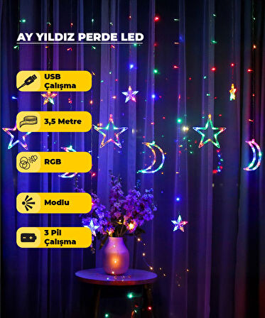 Ay Yıldız Dekoratif RGB (Çok Renkli)  Led USB & Pilli - 3,5 Metre - Animasyonlu
