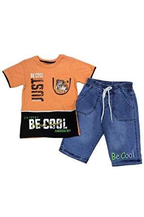Erkek Çocuk Be Cool Yazı Desenli Kot Şortlu Takım