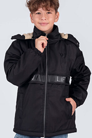 Erkek Çocuk Çıkarılabilir Kapüşonlu New Life Baskılı Kışlık Mont KM7361