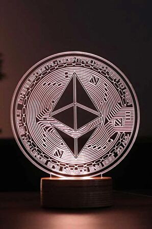 Ethereum Figürlü Dekoratif Hediye Led Masa Lambası | 7 Işık Rengi | Ahşap Taban