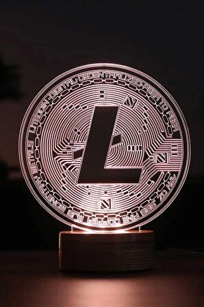 Litecoin Figürlü Dekoratif Hediye Led Masa Lambası | 7 Işık Rengi | Ahşap Taban