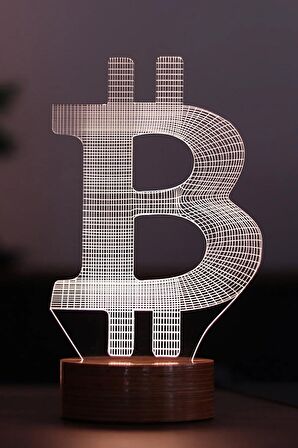 Bitcoin Figürlü Dekoratif Hediye Led Masa Lambası | 7 Işık Rengi | Ahşap Taban