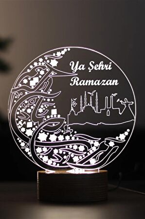 Ya Şehr-i Ramazan Figürlü Dekoratif Hediye Led Masa Lambası - Ahşap Taban