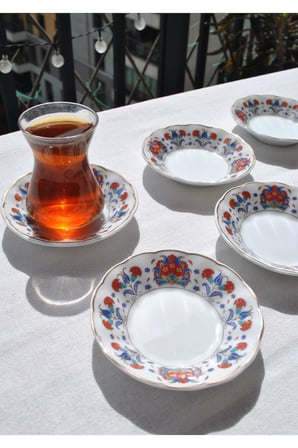 6'lı Porselen Çay Tabağı Etnik Vintage Çini Motifli Çay Tabak 10 cm - Ahura