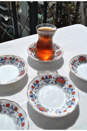 6'lı Porselen Çay Tabağı Etnik Vintage Çini Motifli Çay Tabak 10 cm - Ahura