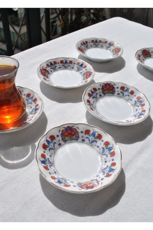 6'lı Porselen Çay Tabağı Etnik Vintage Çini Motifli Çay Tabak 10 cm - Ahura