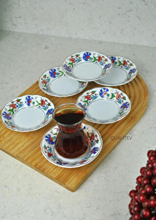 6'lı Porselen Çay Tabağı Lale Motifli Osmanlı Deseni 
