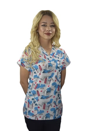 Unisex Beyaz Diş Desenli Likralı Diş Hekimi, Diş Doktoru, Diş Teknisyeni Tek Üst Üniforma