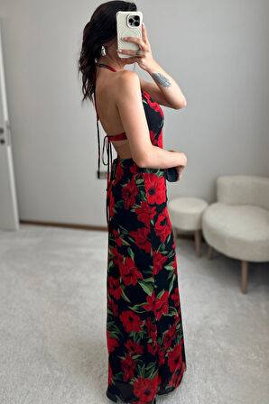 Tasarım Sırt Dekolteli Güllü Elbise