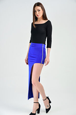 Yani Metal Fermuarli Asimetrik Dalgic Etek | Etk13302 Saks