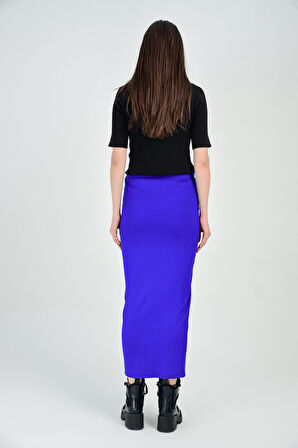 Önü Yırtmaclı Metal Fermuarlı Dalgıç Etek | Etk13348 Saks