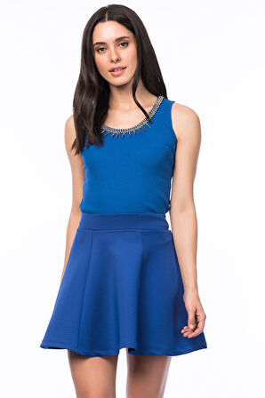 Scuba Volanlı Diz Üstü  Etek | Etk13994Uz Saks