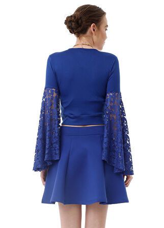 Scuba Volanlı Diz Üstü  Etek | Etk13994Uz Saks