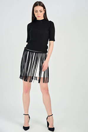 Kisa Deri Püsküllü Celik Etek | Etk14332 Ekru