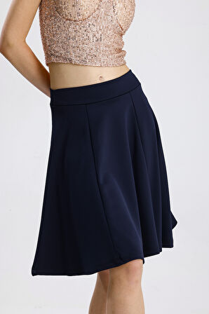Scuba Volanlı Diz Üstü  Etek | Etk13994Uz Lacıvert