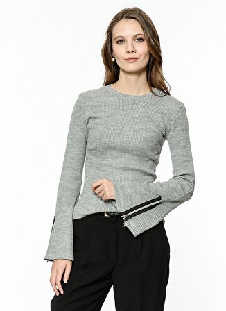 Bisiklet Yaka Uzun Kollu Kol Agzı Fermuarlı  Rıbana Bluz | Blz31015 Grı
