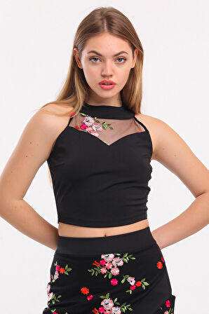 Renkli Tül Çiçekli Kısa Bluz_Blz31401 Çiçek Desenli