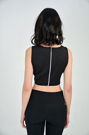 Bluz - Ön Fileli Arka Fermuarlı Payet Kısa Bluz | Blz31450 Pudra