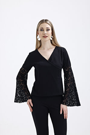 Kruvaze Yaka Kollar Tül Ve Volanlı Omzu Acık Bluz | Blz31446 Siyah