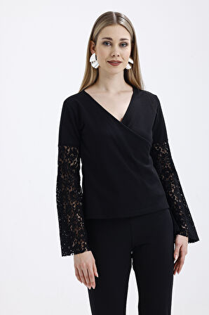 Kruvaze Yaka Kollar Tül Ve Volanlı Omzu Acık Bluz | Blz31446 Siyah