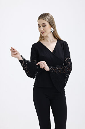 Kruvaze Yaka Kollar Tül Ve Volanlı Omzu Acık Bluz | Blz31446 Siyah