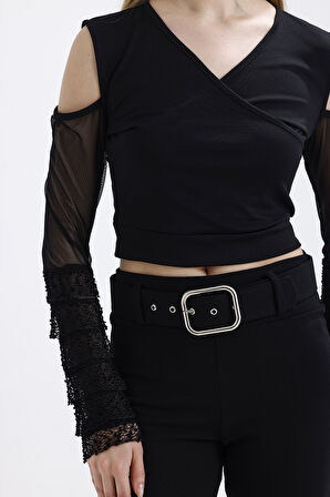 Kruvaze Yaka Kollar Tül Ve Volanlı Omzu Acık Bluz | Blz31446 Siyah