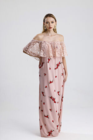 Elbise - Robası Dantelli Eteği Sulu Uzun Elbise | Elb31504 Pudra