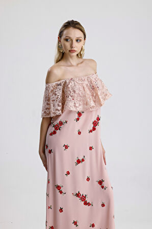 Elbise - Robası Dantelli Eteği Sulu Uzun Elbise | Elb31504 Pudra