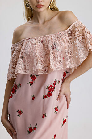 Elbise - Robası Dantelli Eteği Sulu Uzun Elbise | Elb31504 Pudra