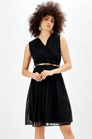 Beli Kemerli Kruvaze Şifon Ofis Elbisesi Siyah