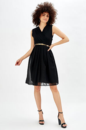 Beli Kemerli Kruvaze Şifon Ofis Elbisesi Siyah