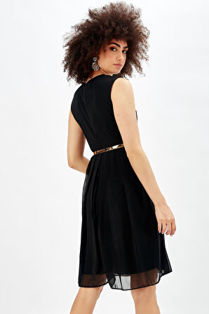 Beli Kemerli Kruvaze Şifon Ofis Elbisesi Siyah