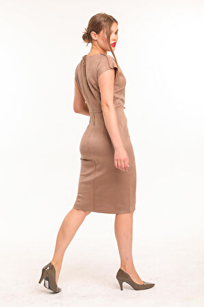 V Yaka Süet Elbise | Elb31027 K. Vizon