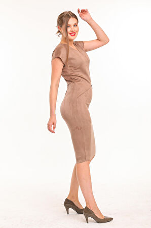 V Yaka Süet Elbise | Elb31027 K. Vizon