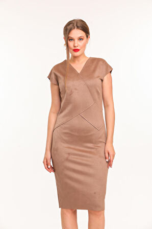 V Yaka Süet Elbise | Elb31027 K. Vizon