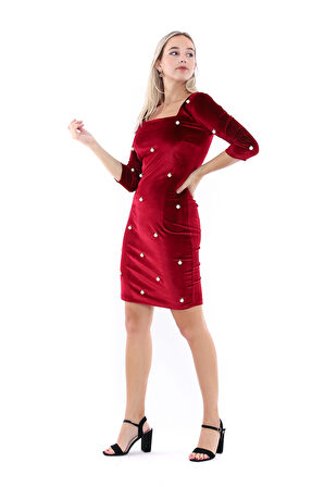 Kare Yaka Pervazlı Abiye Elbise | Elb31784 Bordo