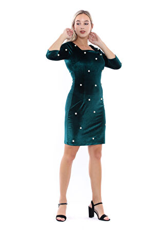 Kare Yaka Pervazlı Abiye Elbise | Elb31784 Yesıl