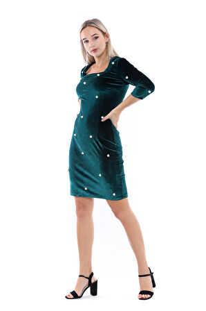 Kare Yaka Pervazlı Abiye Elbise | Elb31784 Yesıl