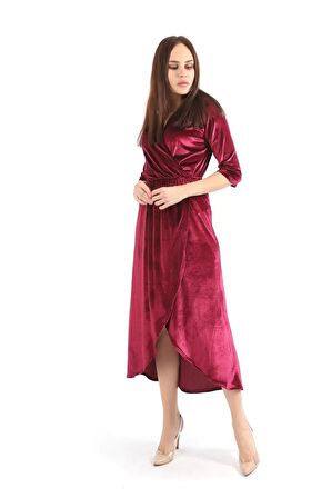 Sense Kırmızı Kruvaze Yaka Eteği Parçalı Kadife Abiye Elbise