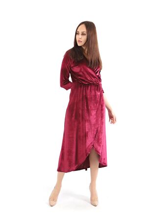 Sense Kırmızı Kruvaze Yaka Eteği Parçalı Kadife Abiye Elbise