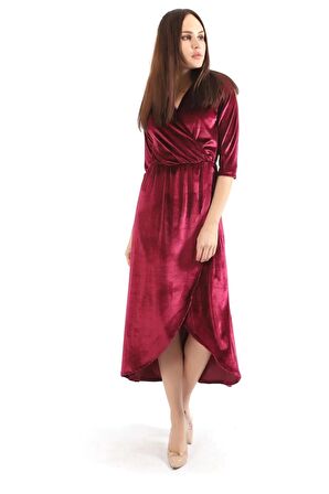 Sense Kırmızı Kruvaze Yaka Eteği Parçalı Kadife Abiye Elbise