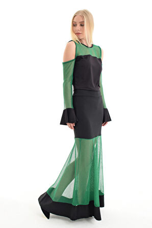 Etek - Tül Garnili Kloş Etek | Etk31912 Yesıl