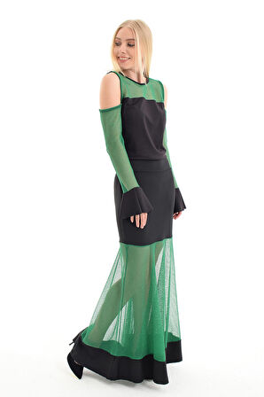 Etek - Tül Garnili Kloş Etek | Etk31912 Yesıl